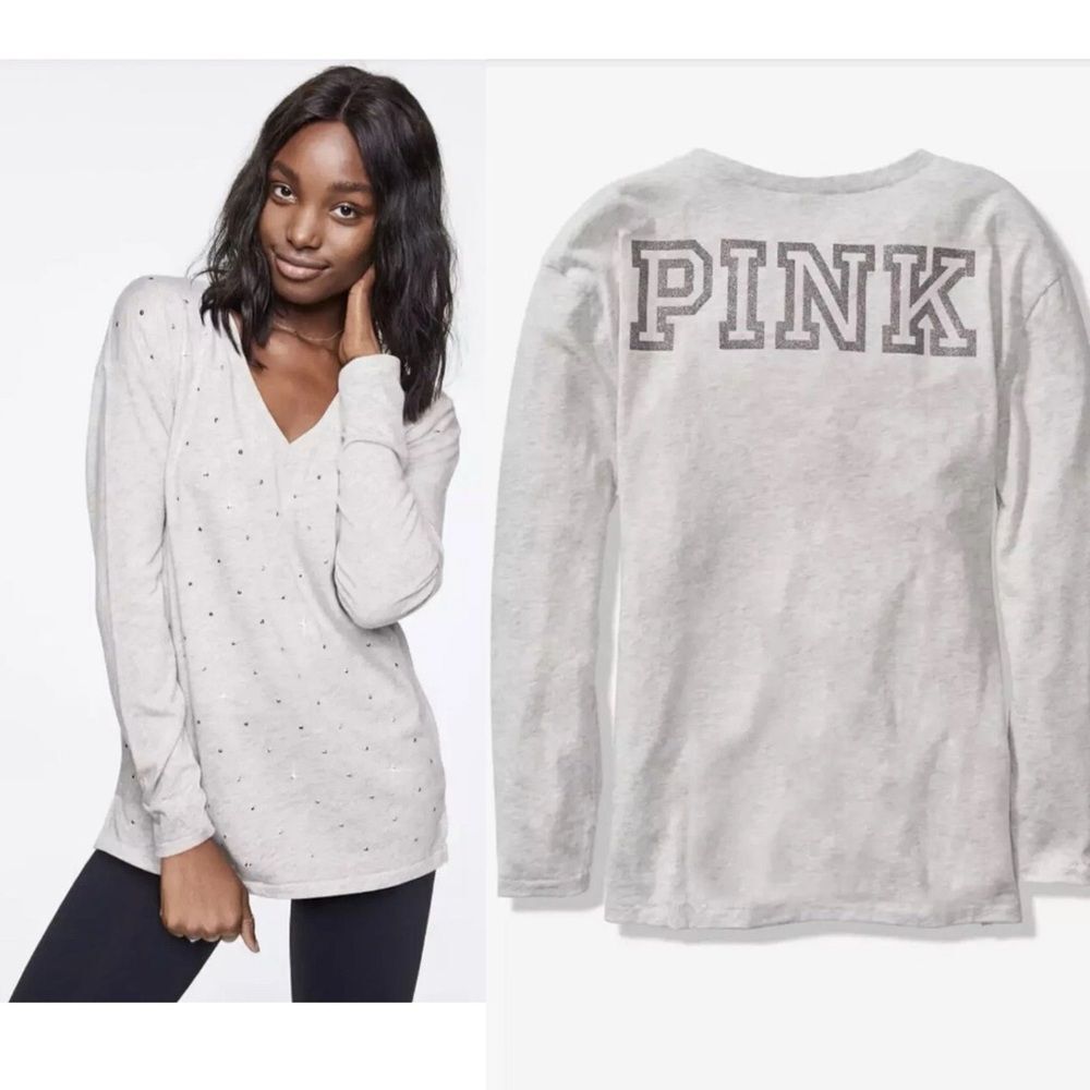 PINK Victoria’s Secret Womens V Neck Long Sleeve Top Extra Small Rhinestone Logo